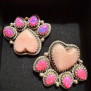 Heart-Shaped or Paw Pink Opal and Mimosa Silver Jewelry Earrings
